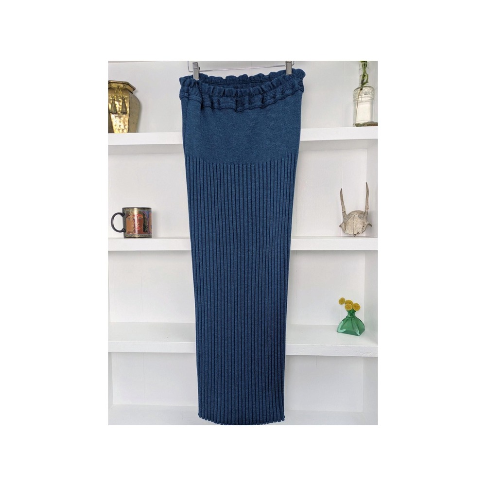 Marimekko Finland wool skirt; Vintage‎ teal blue knit ribbed long skirt